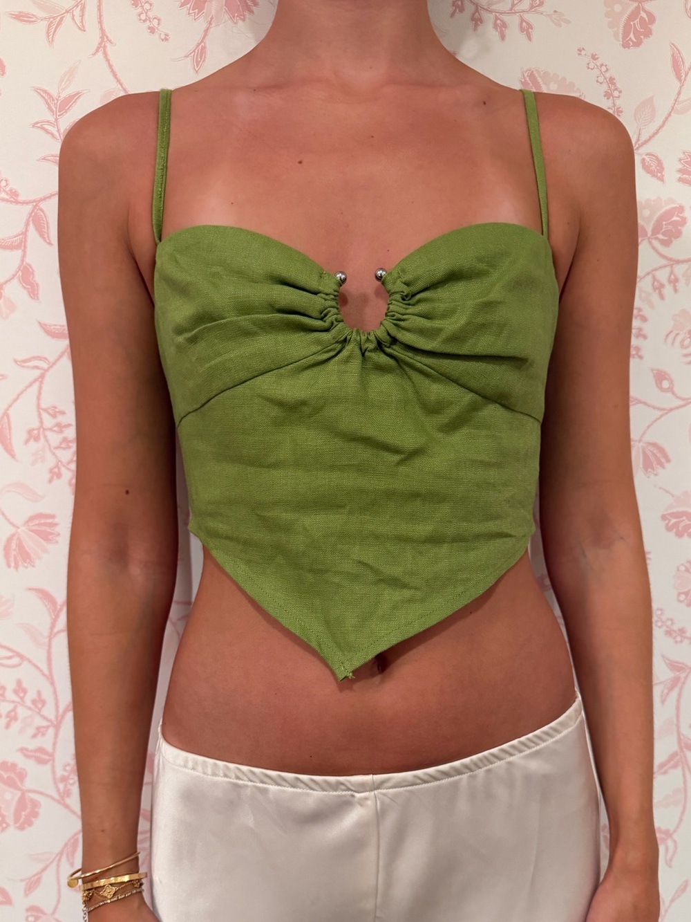 Reformation Green Linen Handkerchief Top